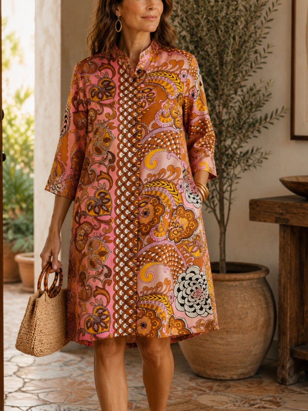 Vintage psychedelic print 1960s Paisley-Print A-Line Midi Dress in Pink and Tan